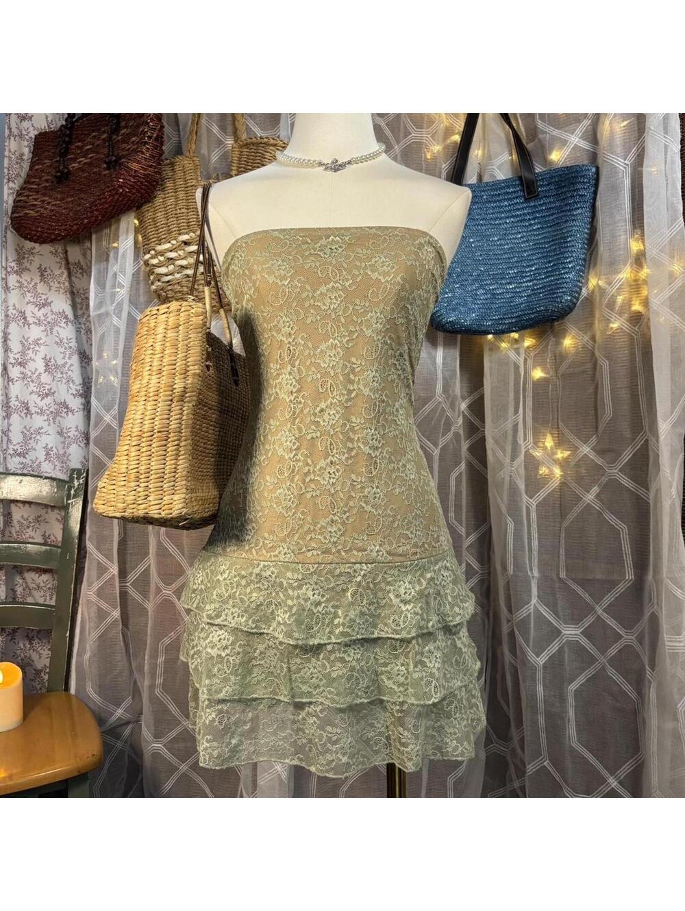 Edikted sage green lace drop waist mini dress size M